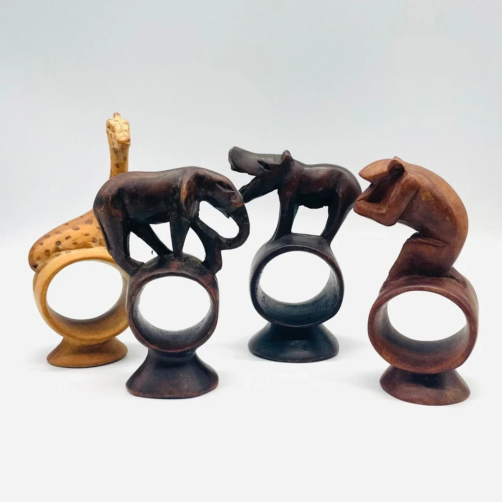 Set of 4‎ Hand Carved Wooden African Safari Animal Napkin Rings Giraffe Elephant